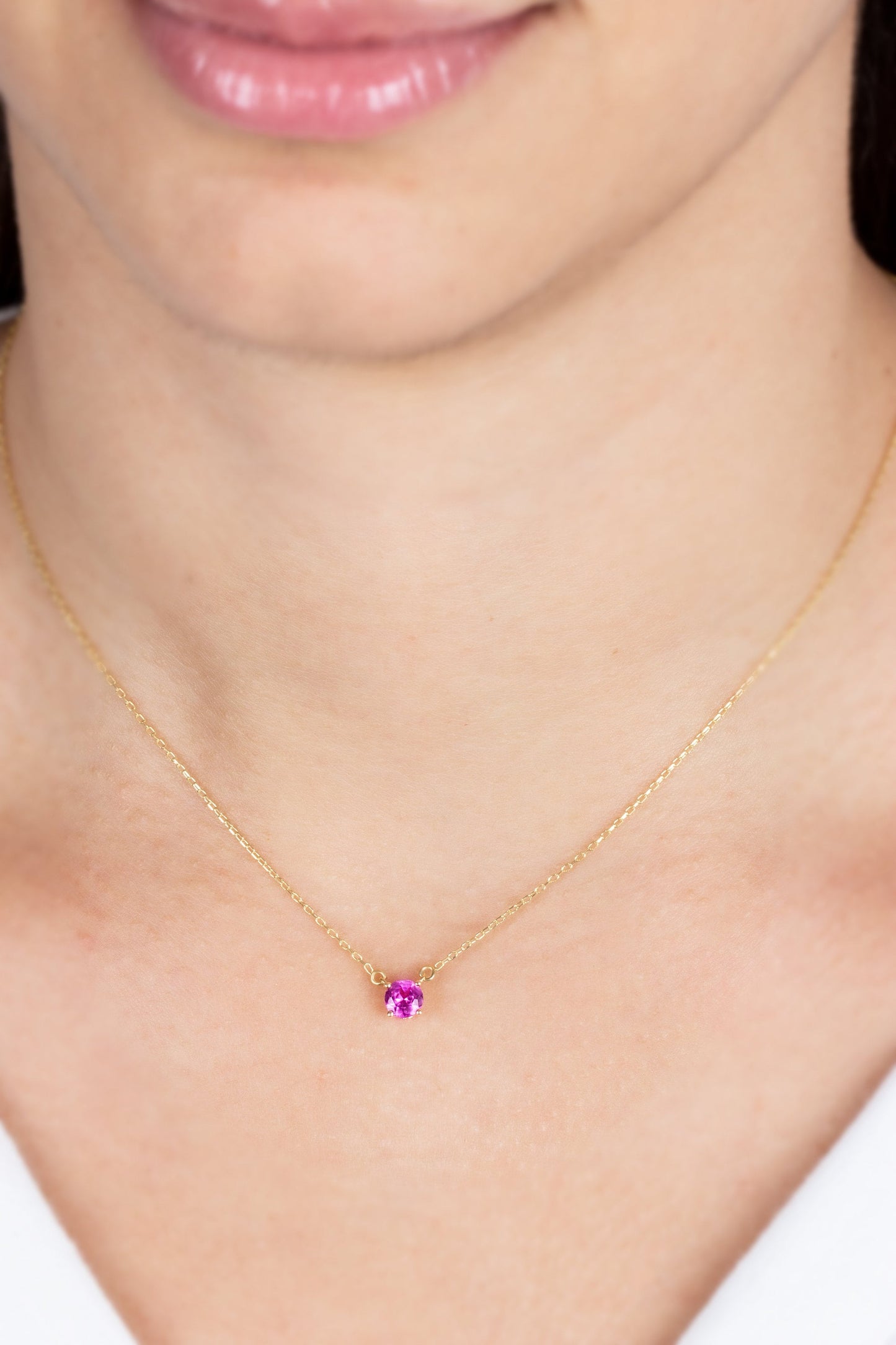 Round Pink Sapphire Necklace 14K Solid Gold, Elegant Design Minimalist Birthstone Necklace,Perfect Gift for Mother's Day - Girlfriend - Wife