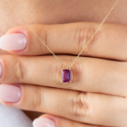 Rectangle Amethyst Necklace 14K Solid Gold, Minimalist February Sign Necklace, Perfect Gift for Mother's Day - Girlfriend - Wife