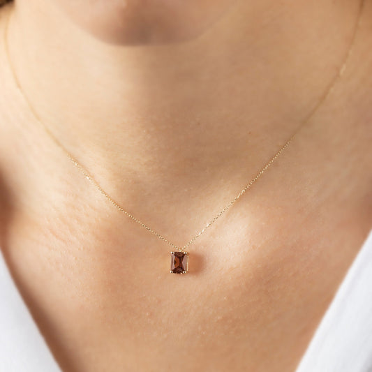 Rectangle Smoky Quartz Necklace 14K Solid Gold, Minimalist Brown GemStone Rectangle Necklace, Perfect Gift for Mother's Day Girlfriend Wife