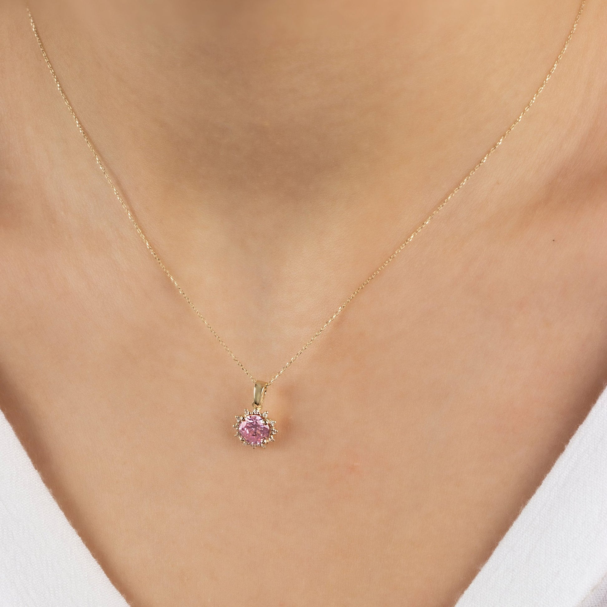 14K Gold Pink Tourmaline & Diamond Necklace - Real Round Birthstone Pendant, Perfect Gift for Mother's Day - Girlfriend - Wife
