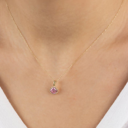 14K Gold Pink Tourmaline & Diamond Necklace - Real Round Birthstone Pendant, Perfect Gift for Mother's Day - Girlfriend - Wife