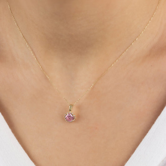 14K Gold Pink Tourmaline & Diamond Necklace - Real Round Birthstone Pendant, Perfect Gift for Mother's Day - Girlfriend - Wife
