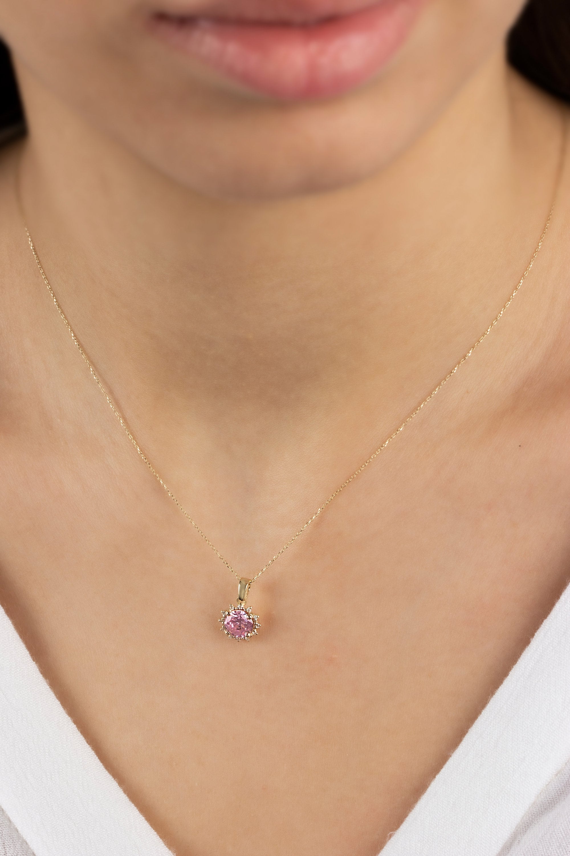 14K Gold Pink Tourmaline & Diamond Necklace - Real Round Birthstone Pendant, Perfect Gift for Mother's Day - Girlfriend - Wife