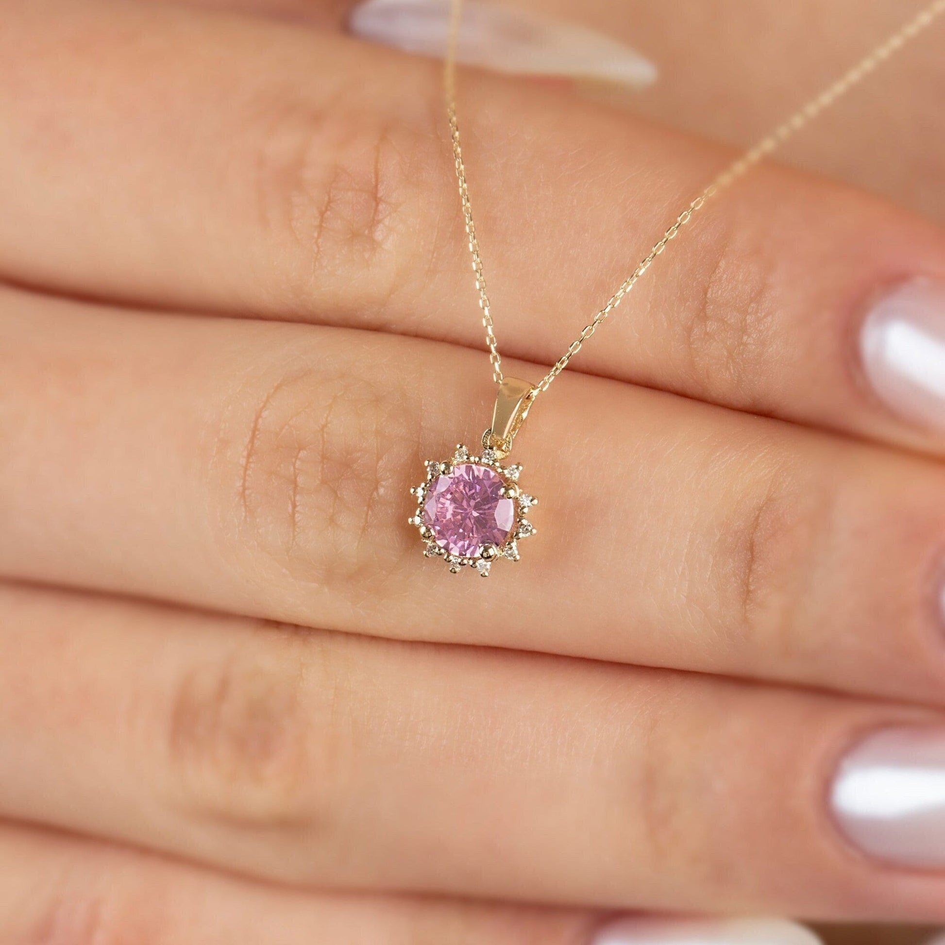 14K Gold Pink Tourmaline & Diamond Necklace - Real Round Birthstone Pendant, Perfect Gift for Mother's Day - Girlfriend - Wife
