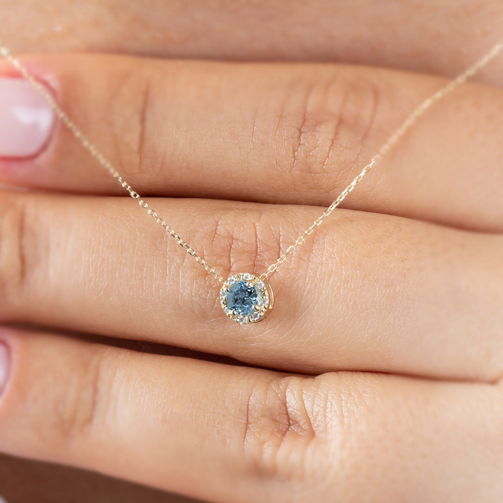 Real Diamond Blue Topaz 14K Solid Gold Necklace, Minimalist Round Birthstone Necklace, Perfect Gift for Mother's Day - Girlfriend - Wife