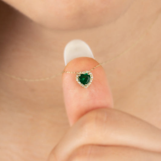 Real Diamond Emerald Heart Necklace, 14K Solid Gold, Minimalist Love Heart Necklace, Perfect Gift for Mother's Day - Girlfriend - Wife
