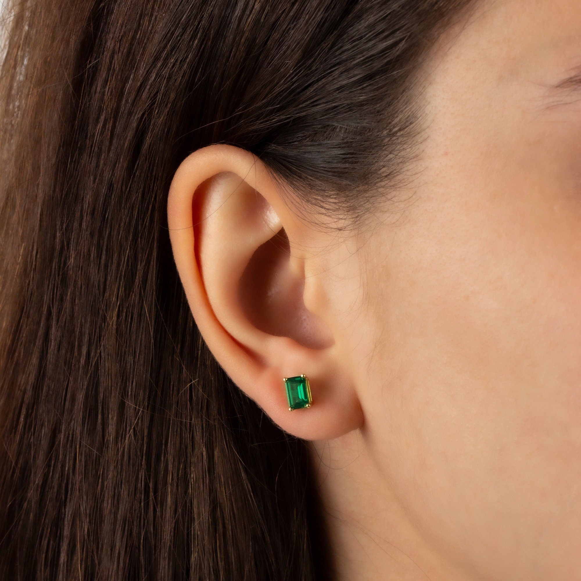 Rectangle Emerald Earring, 14K Solid Gold Earring, Birthstone, Perfect Gift for Mother's Day - Girlfriend - Wife