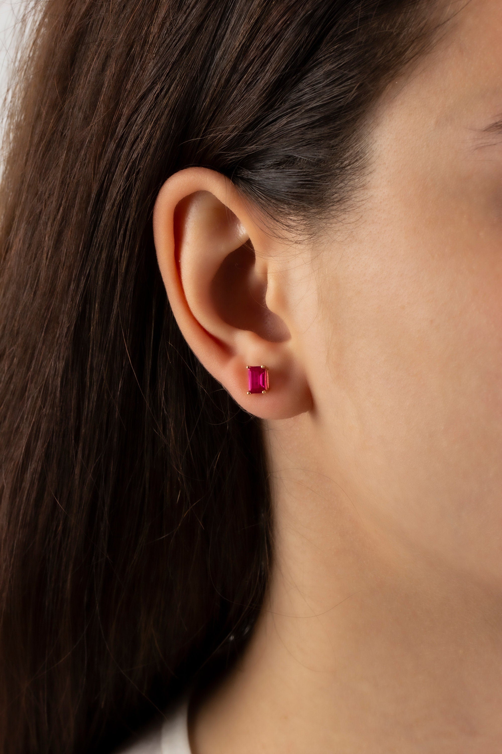 Ruby Earring in 14K Solid Gold, Rectangle July Birthstone Gift, Elegant Women's Earring for Mother's Day & Mom
