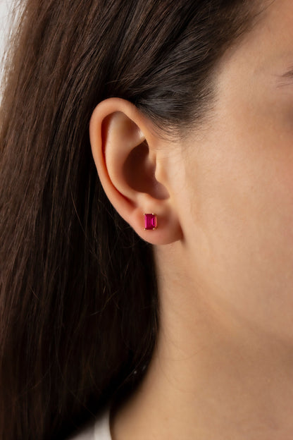 Ruby Earring in 14K Solid Gold, Rectangle July Birthstone Gift, Elegant Women's Earring for Mother's Day & Mom