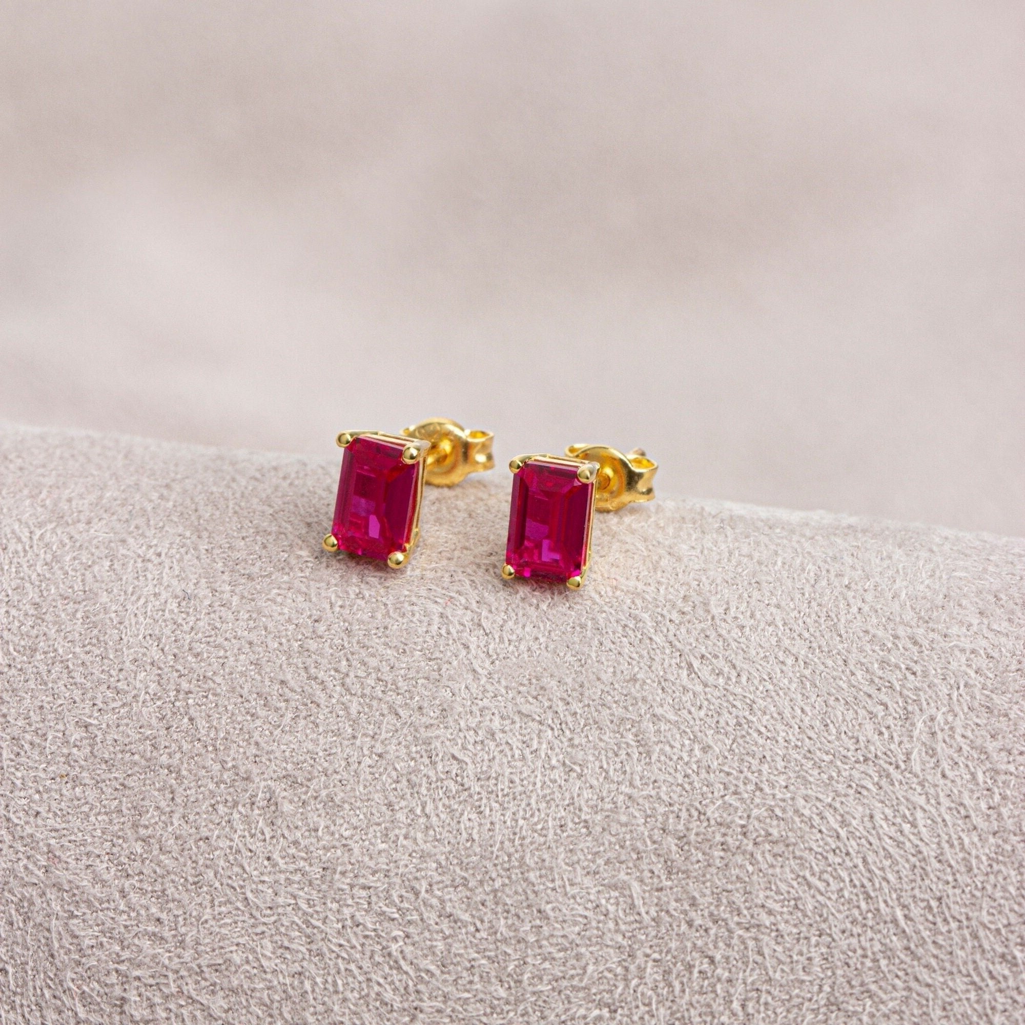 Ruby Earring in 14K Solid Gold, Rectangle July Birthstone Gift, Elegant Women's Earring for Mother's Day & Mom