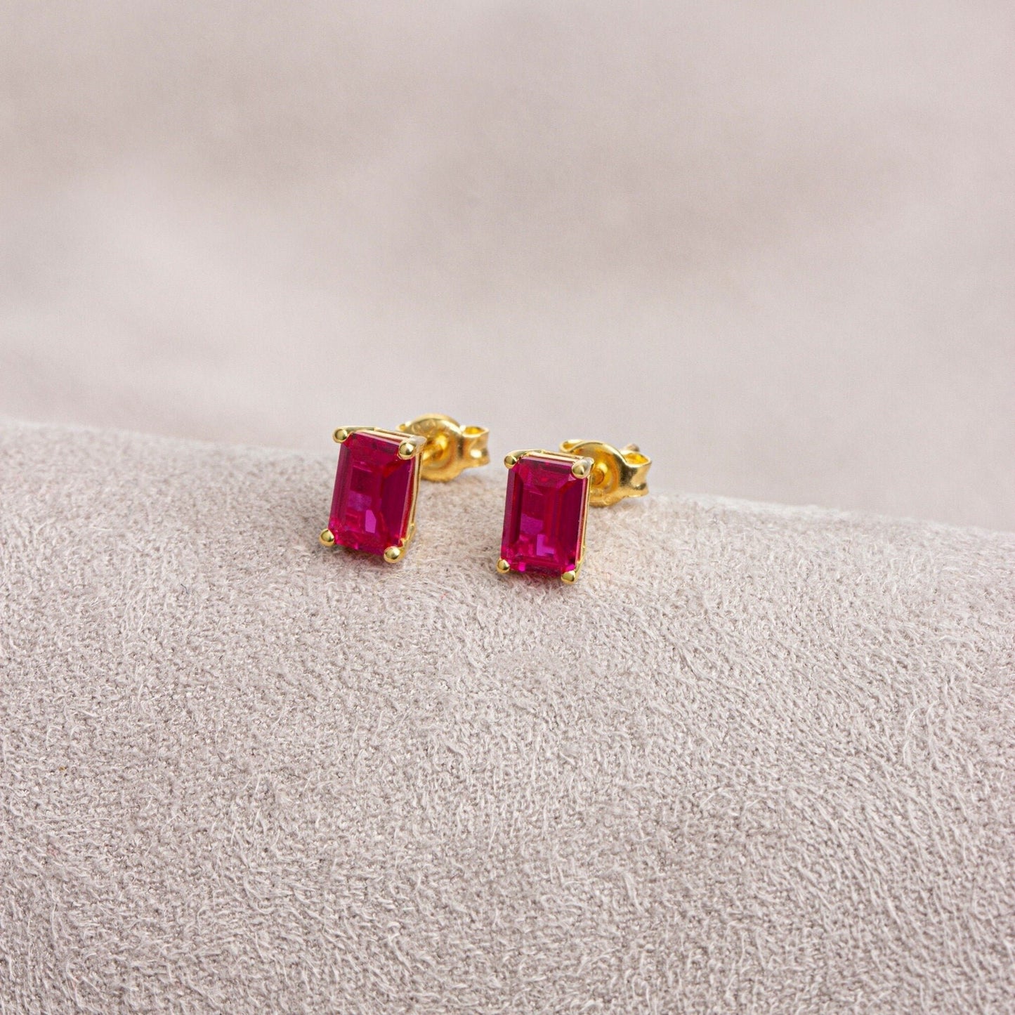 Ruby Earring in 14K Solid Gold, Rectangle July Birthstone Gift, Elegant Women's Earring for Mother's Day & Mom