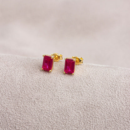 Ruby Earring in 14K Solid Gold, Rectangle July Birthstone Gift, Elegant Women's Earring for Mother's Day & Mom