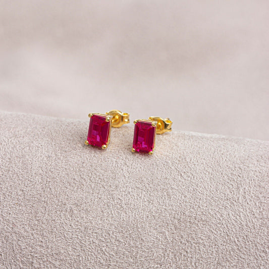 Ruby Earring in 14K Solid Gold, Rectangle July Birthstone Gift, Elegant Women's Earring for Mother's Day & Mom