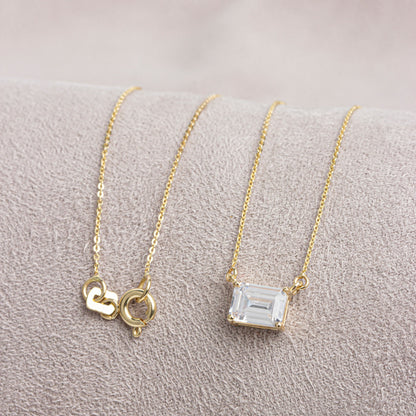 14K Solid Gold White Topaz Necklace - Minimalist Double Link Rectangle Pendant, Elegant Birthstone Gift for Mother's Day, Girlfriend, Wife