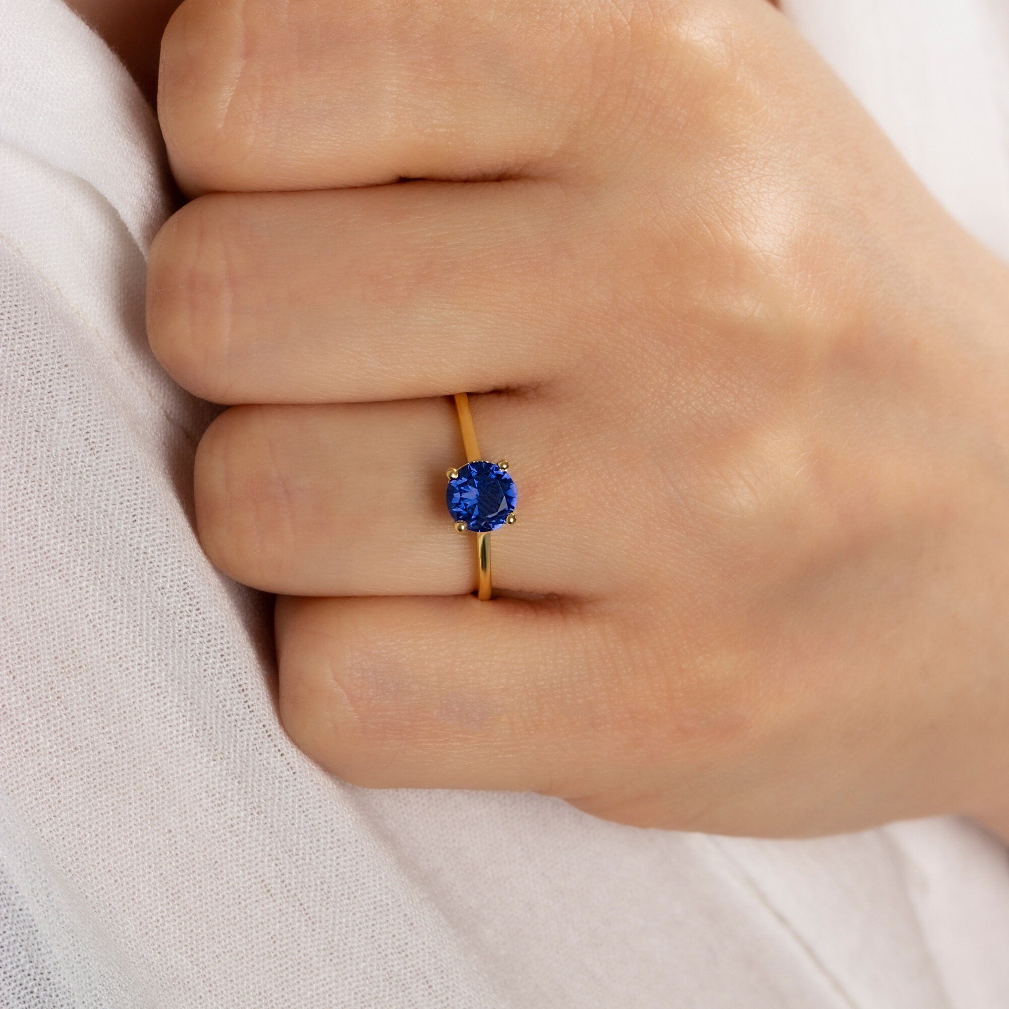 Round Sapphire Birthstone Ring 14K Solid Gold, Perfect Gift for Mother's Day - Girlfriend - Wife
