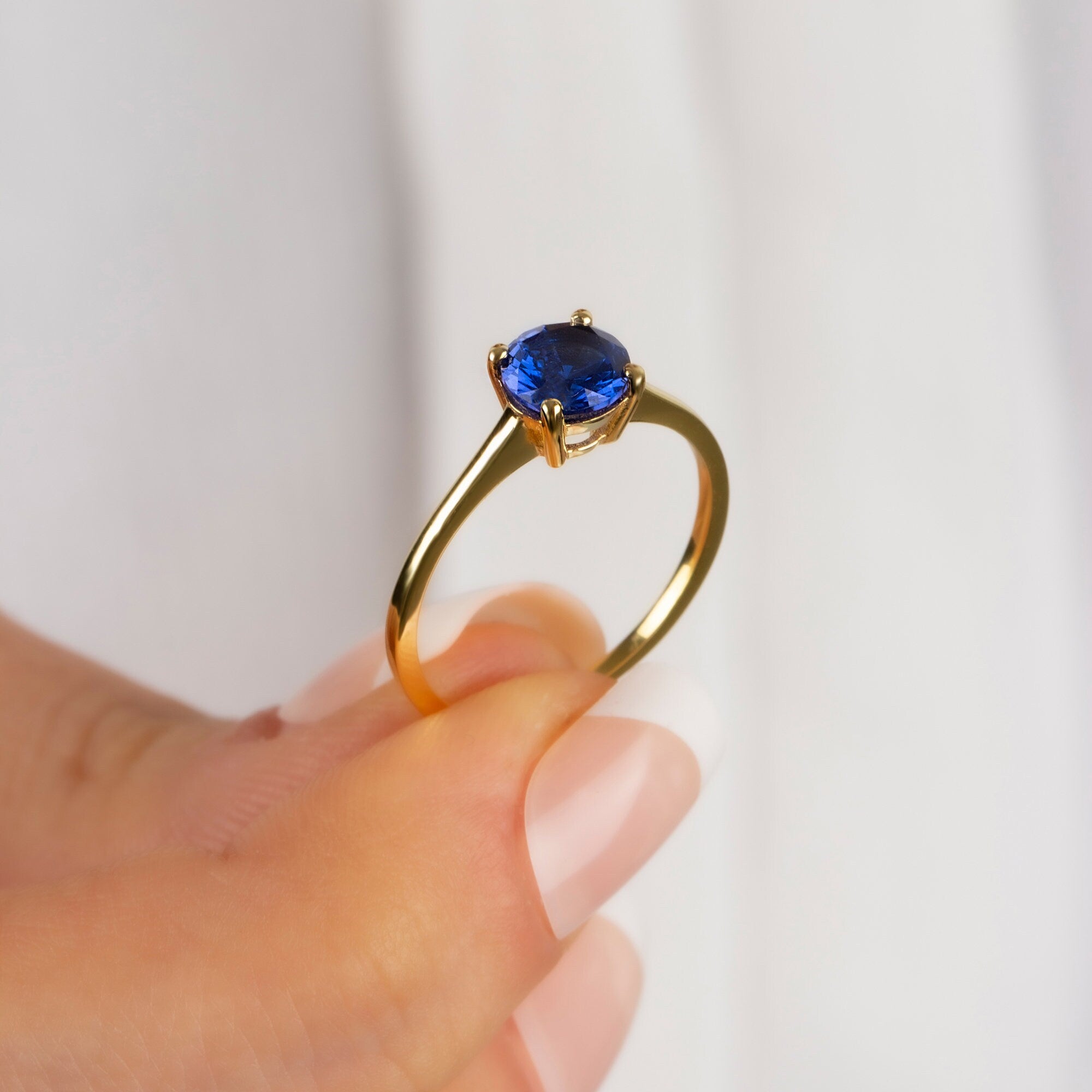 Round Sapphire Birthstone Ring 14K Solid Gold, Perfect Gift for Mother's Day - Girlfriend - Wife