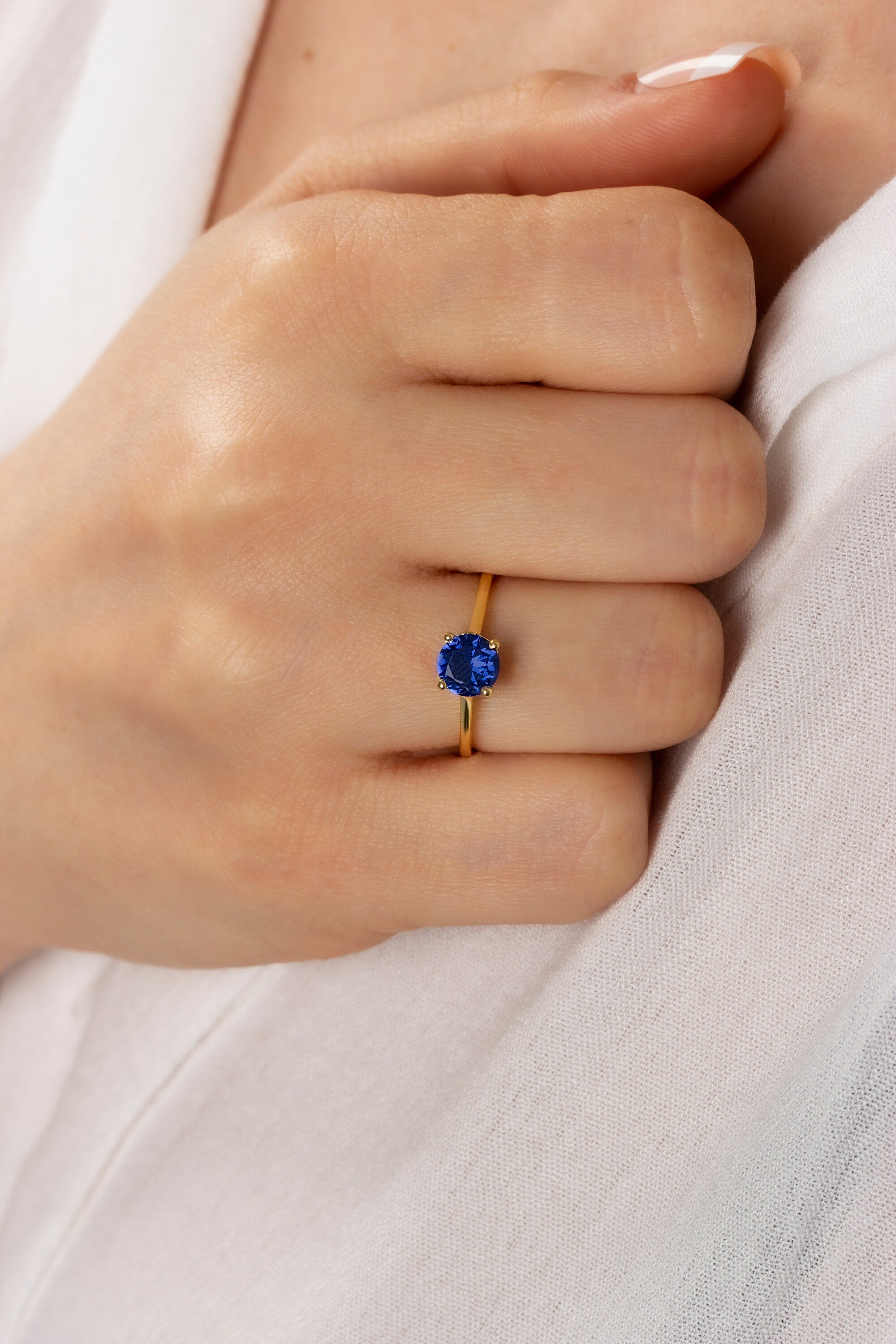 Round Sapphire Birthstone Ring 14K Solid Gold, Perfect Gift for Mother's Day - Girlfriend - Wife