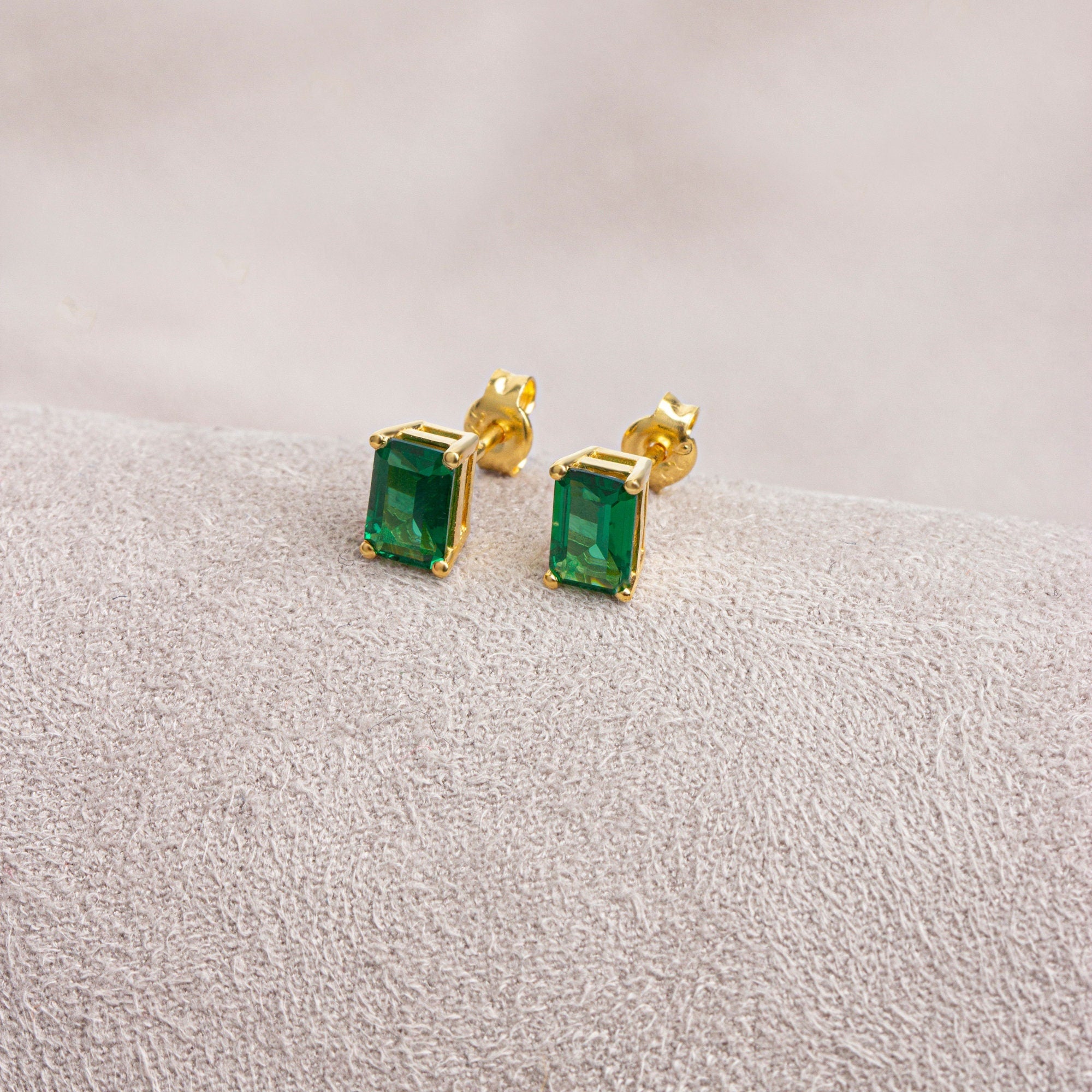 Rectangle Emerald Earring, 14K Solid Gold Earring, Birthstone, Perfect Gift for Mother's Day - Girlfriend - Wife