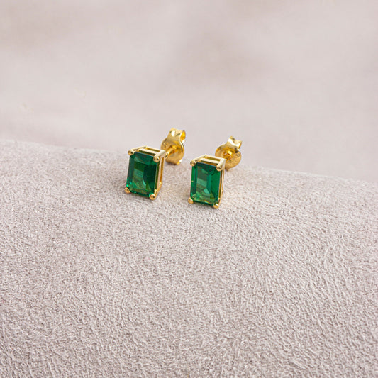 Rectangle Emerald Earring, 14K Solid Gold Earring, Birthstone, Perfect Gift for Mother's Day - Girlfriend - Wife