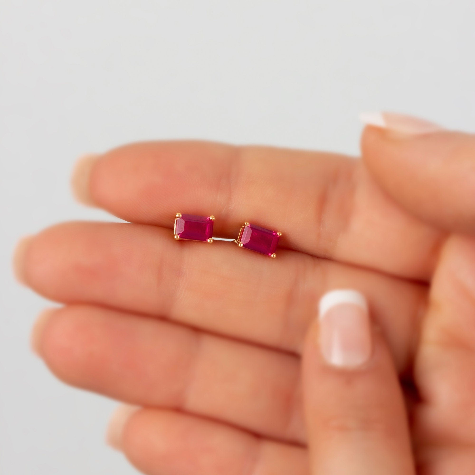 Ruby Earring in 14K Solid Gold, Rectangle July Birthstone Gift, Elegant Women's Earring for Mother's Day & Mom