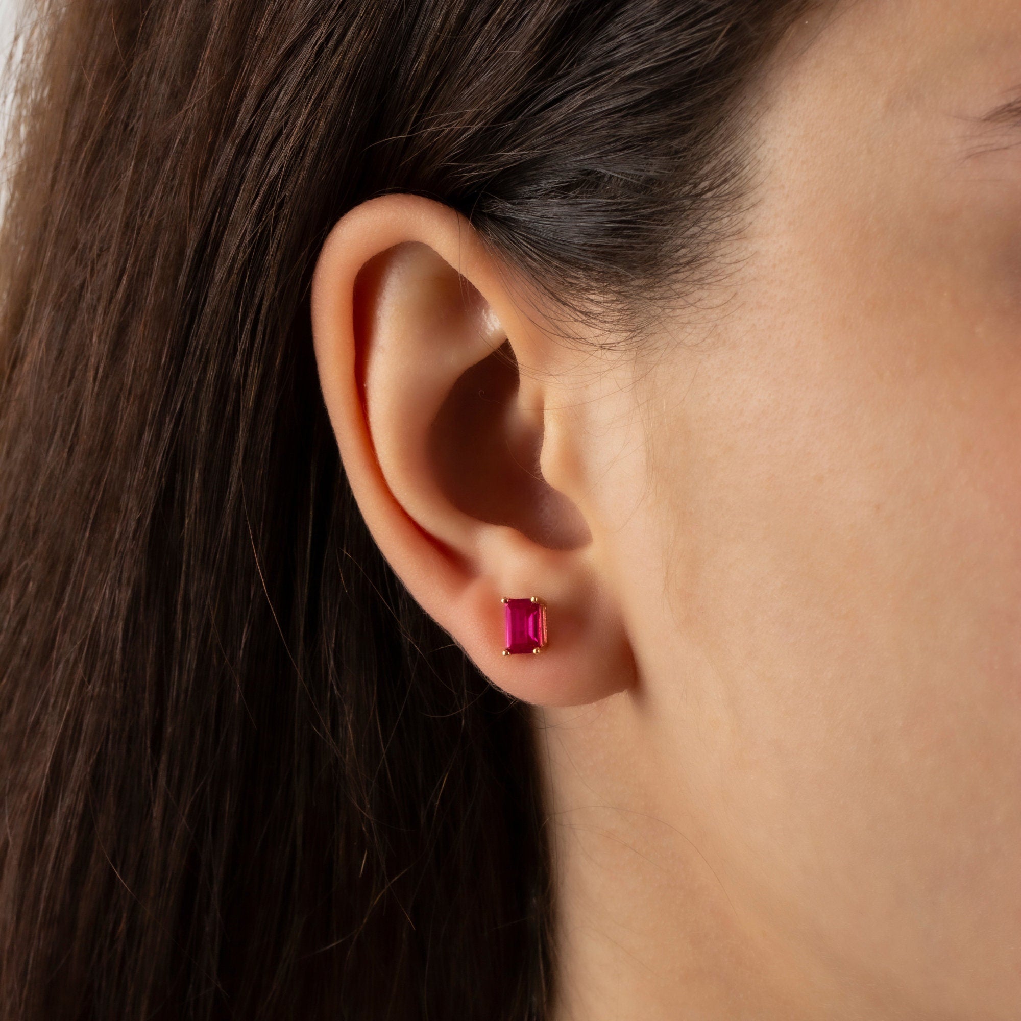 Ruby Earring in 14K Solid Gold, Rectangle July Birthstone Gift, Elegant Women's Earring for Mother's Day & Mom
