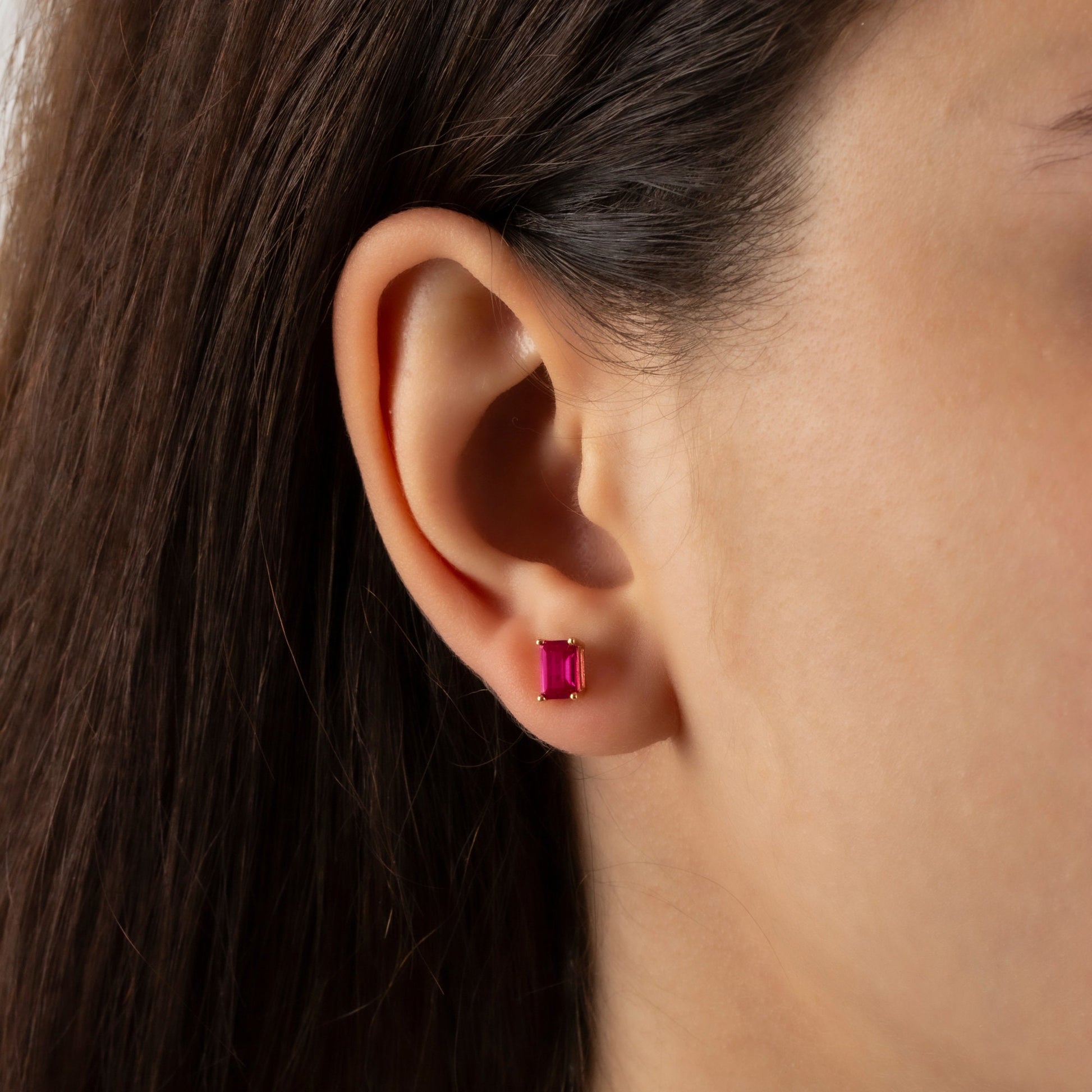 Ruby Earring in 14K Solid Gold, Rectangle July Birthstone Gift, Elegant Women's Earring for Mother's Day & Mom