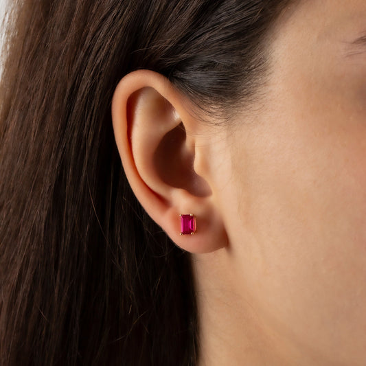 Ruby Earring in 14K Solid Gold, Rectangle July Birthstone Gift, Elegant Women's Earring for Mother's Day & Mom