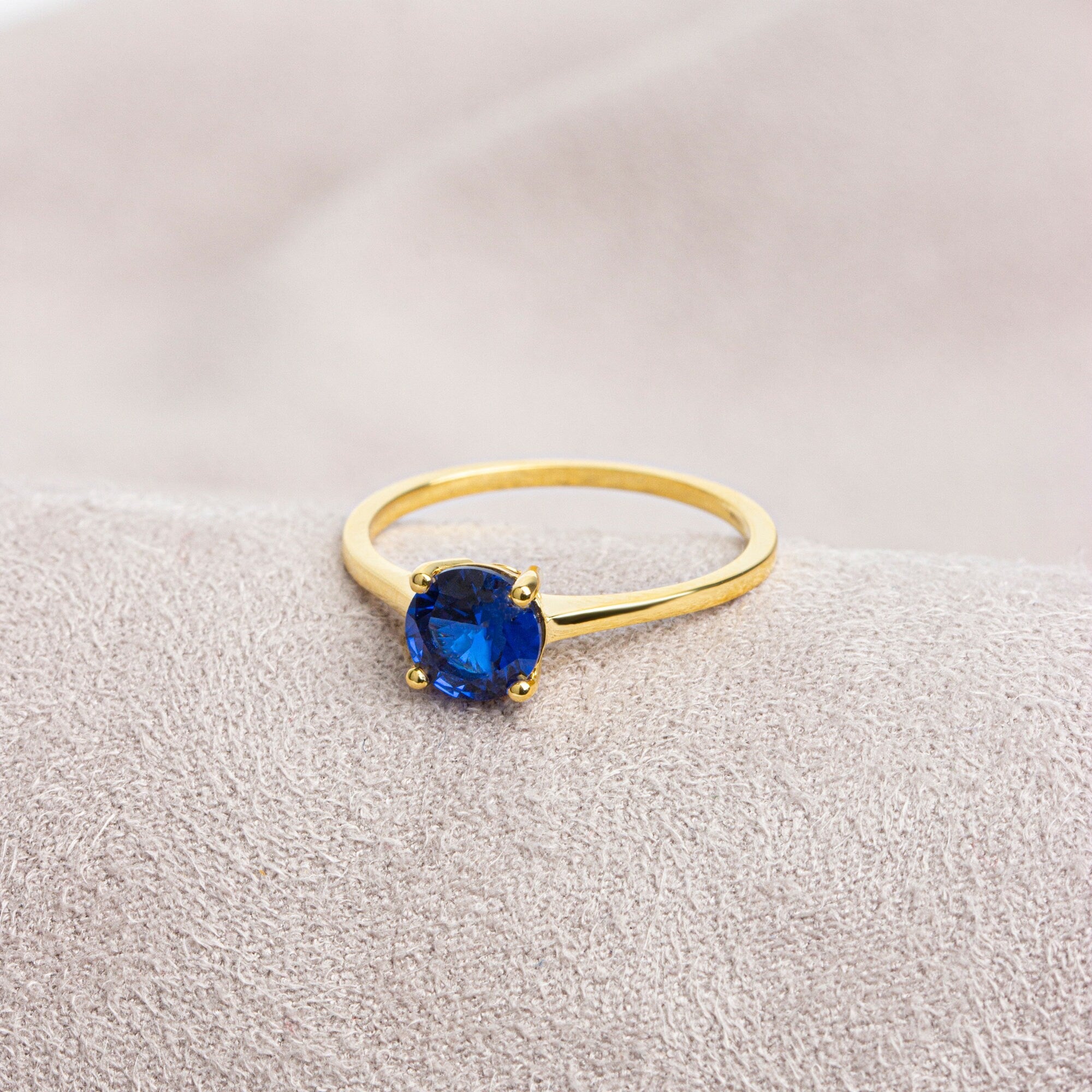 Round Sapphire Birthstone Ring 14K Solid Gold, Perfect Gift for Mother's Day - Girlfriend - Wife