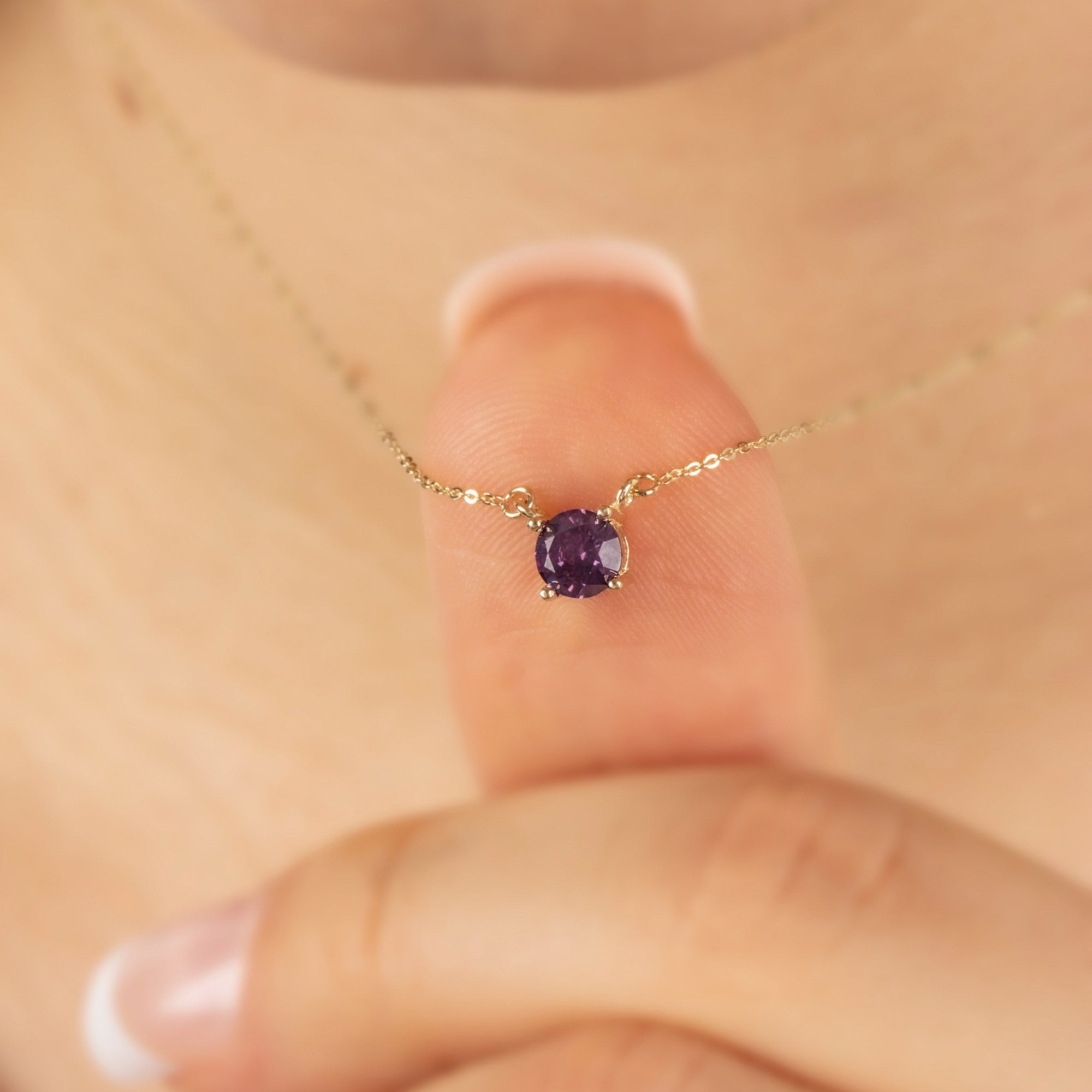 Round Double Link Amethyst Necklace 14K Solid Gold, Minimalist Round, February Birthstone, Perfect Gift for Mother's Day - Girlfriend - Wife