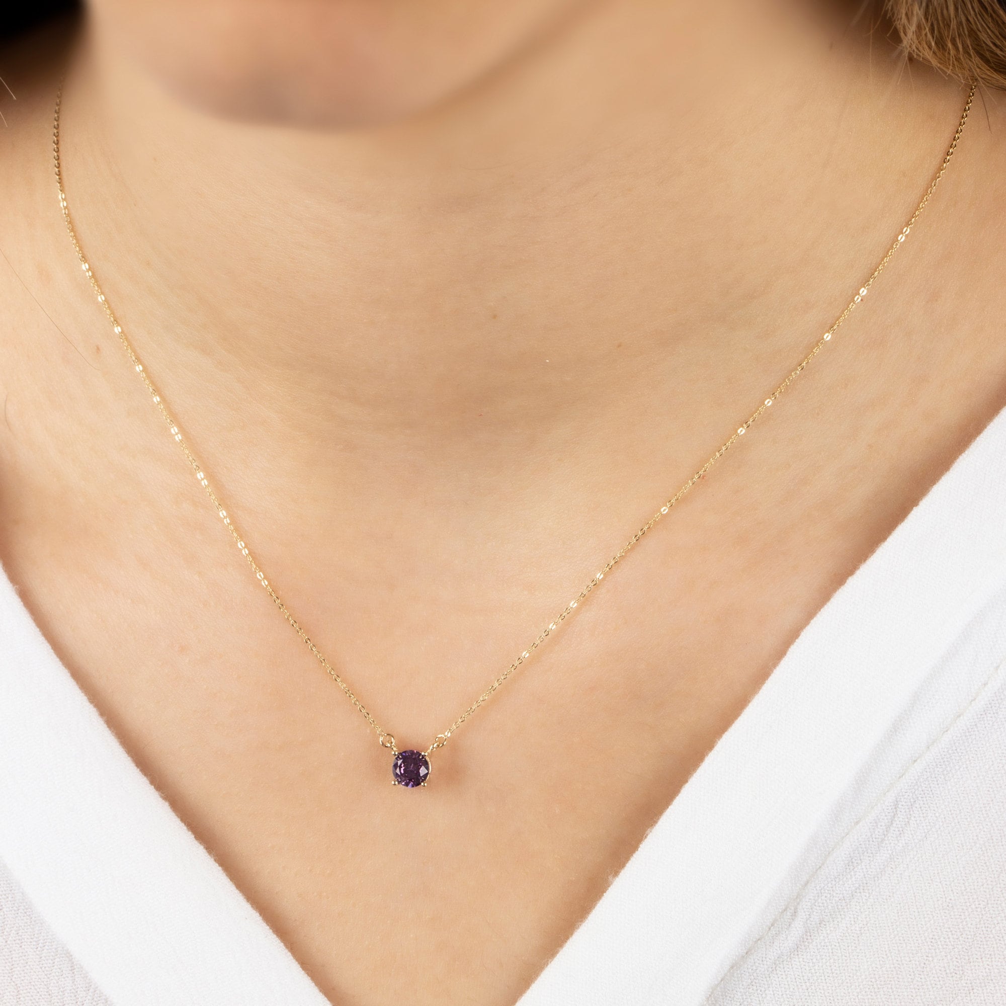 Round Double Link Amethyst Necklace 14K Solid Gold, Minimalist Round, February Birthstone, Perfect Gift for Mother's Day - Girlfriend - Wife