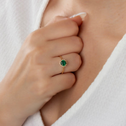 Real Diamond Round Emerald Ring 14K Solid Gold, Birthstone Ring With Diamonds Around, Perfect Gift for Mother's Day - Girlfriend - Wife