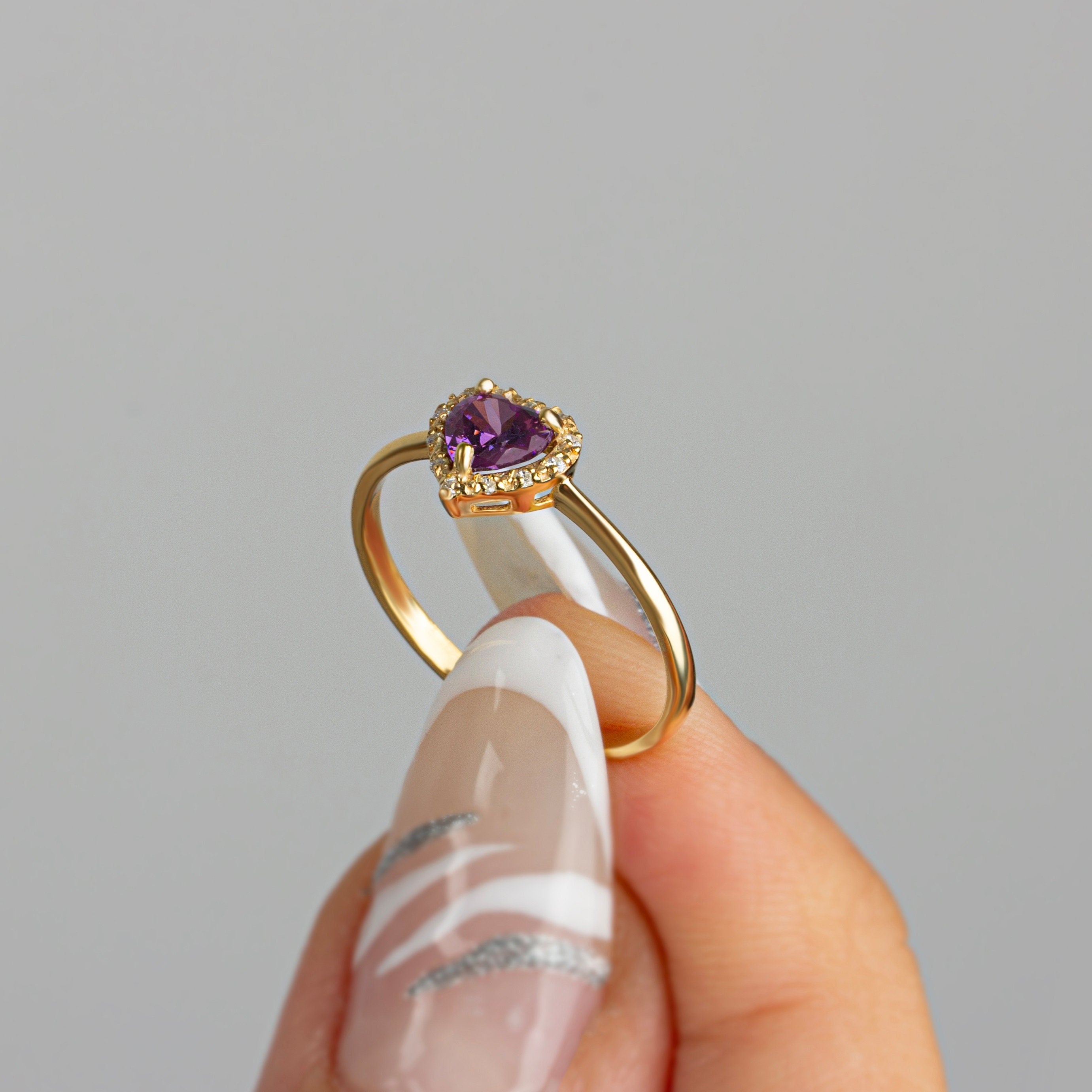 Real Diamond Heart Amethyst Ring 14K Solid Gold, Birthstone, Perfect Gift for Mother's Day - Girlfriend - Wife