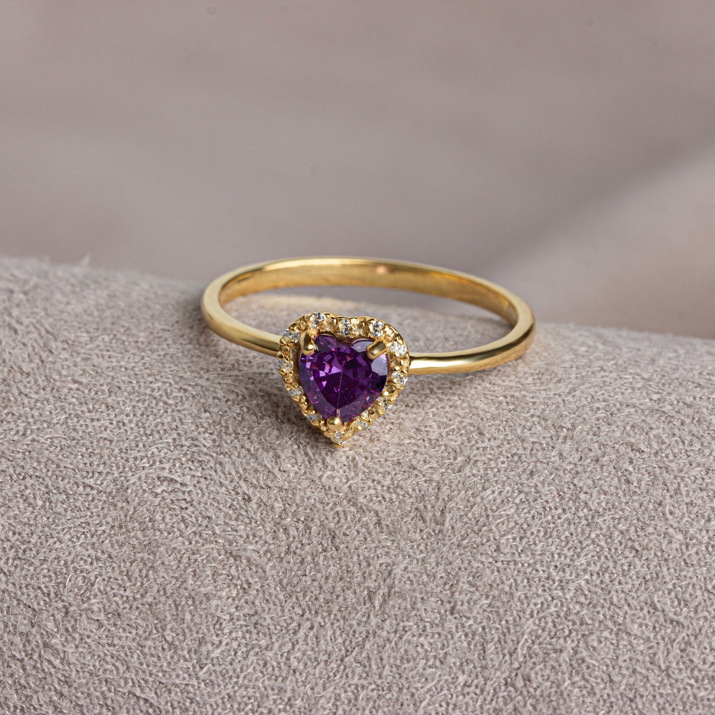 Real Diamond Heart Amethyst Ring 14K Solid Gold, Birthstone, Perfect Gift for Mother's Day - Girlfriend - Wife