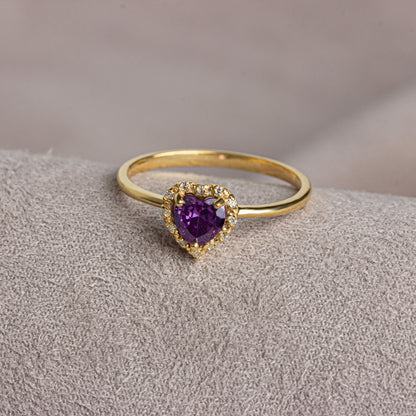 Real Diamond Heart Amethyst Ring 14K Solid Gold, Birthstone, Perfect Gift for Mother's Day - Girlfriend - Wife