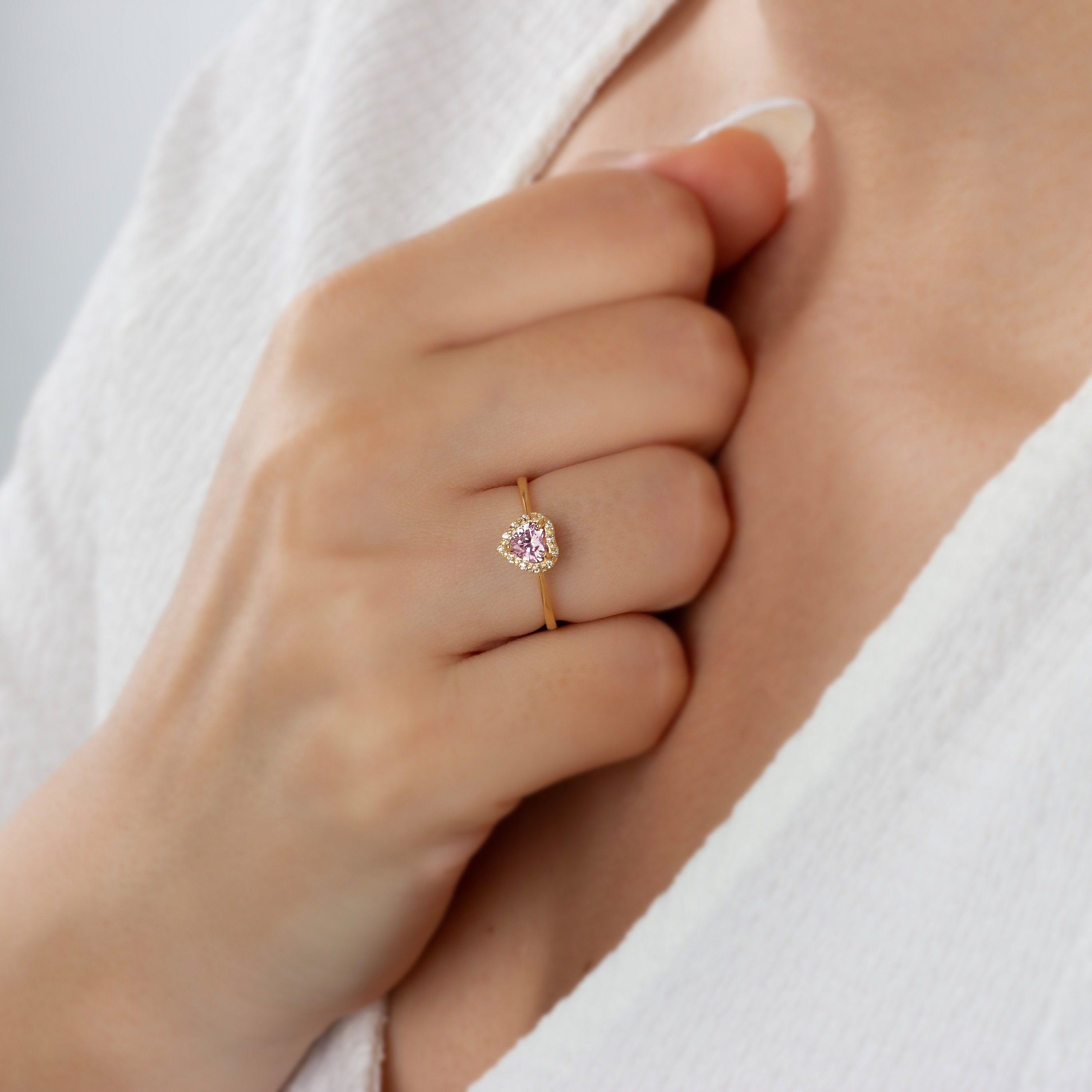 Real Diamond 14K Solid Gold Heart Pink Tourmailine Ring, Perfect Gift for Mother's Day - Girlfriend - Wife