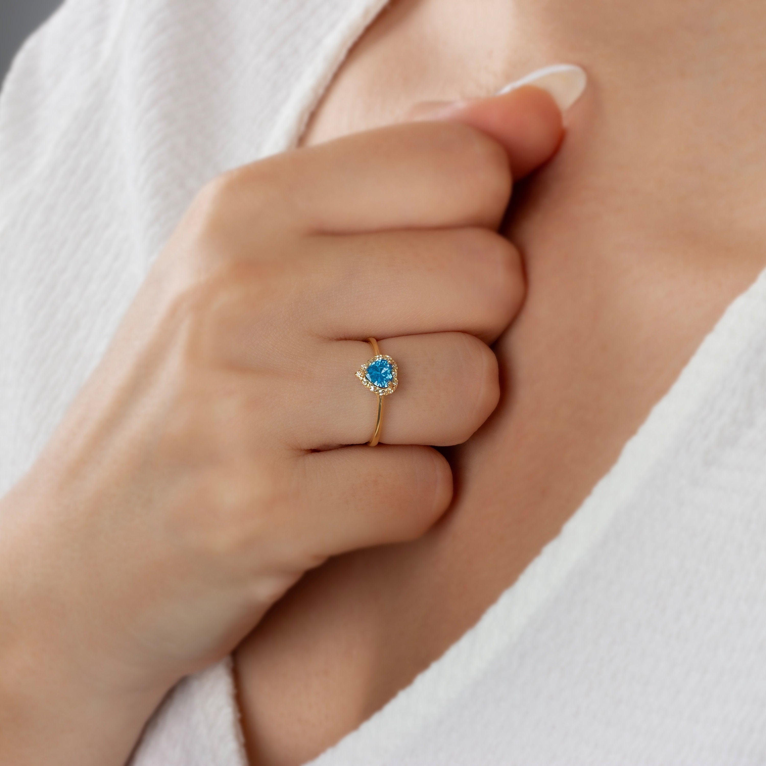 Real Diamond Heart Blue Topaz Ring 14K Solid Gold, Birthstone Pendant, Perfect Gift for Mother's Day - Girlfriend - Wife