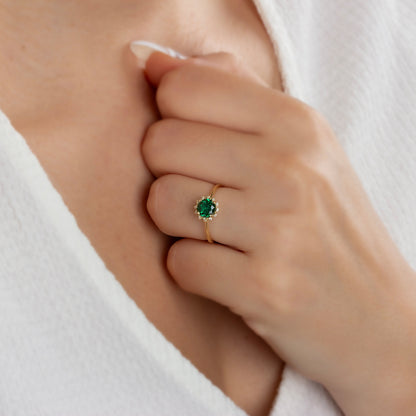 Real Diamond Round Emerald Ring 14K Solid Gold, Birthstone Ring With Diamonds Around, Perfect Gift for Mother's Day - Girlfriend - Wife