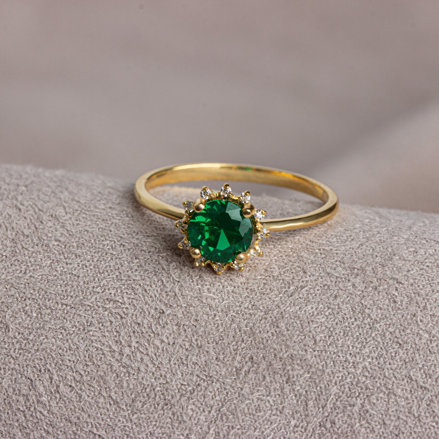 Real Diamond Round Emerald Ring 14K Solid Gold, Birthstone Ring With Diamonds Around, Perfect Gift for Mother's Day - Girlfriend - Wife