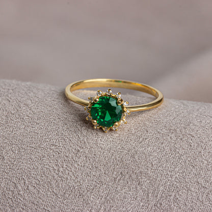 Real Diamond Round Emerald Ring 14K Solid Gold, Birthstone Ring With Diamonds Around, Perfect Gift for Mother's Day - Girlfriend - Wife