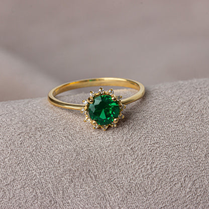 Real Diamond Round Emerald Ring 14K Solid Gold, Birthstone Ring With Diamonds Around, Perfect Gift for Mother's Day - Girlfriend - Wife
