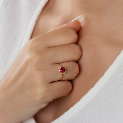 Real Diamond Round Ruby Ring 14K Solid Gold, Ring With Diamonds Around, July Birthday, Perfect Gift for Mother's Day - Girlfriend - Wife