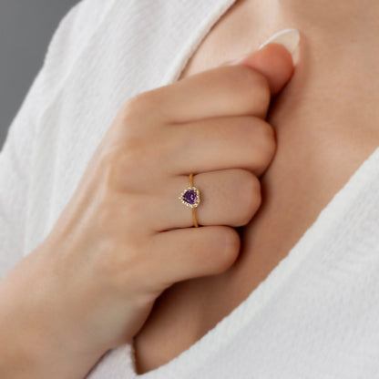 Real Diamond Heart Amethyst Ring 14K Solid Gold, Birthstone, Perfect Gift for Mother's Day - Girlfriend - Wife