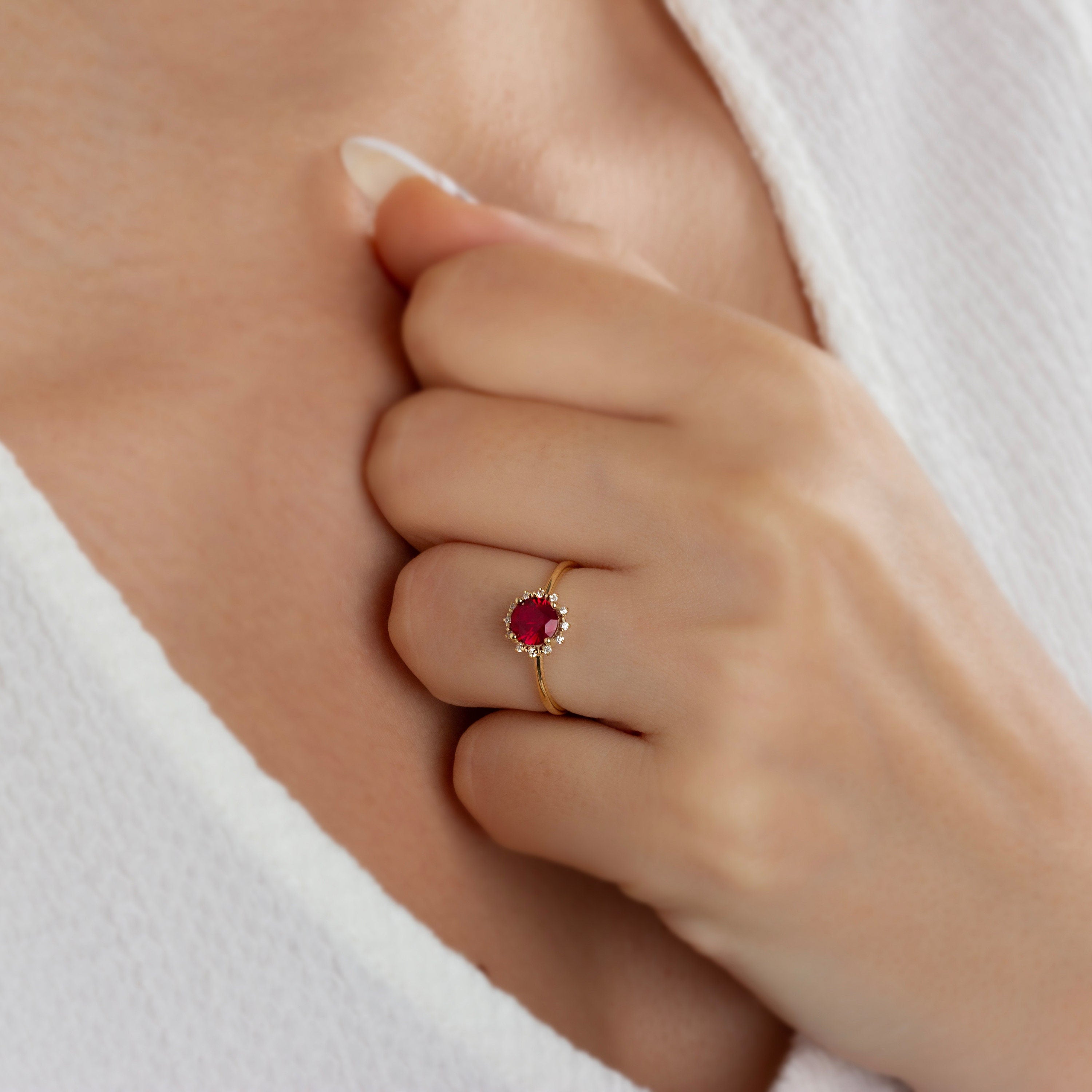 Real Diamond Round Ruby Ring 14K Solid Gold, Ring With Diamonds Around, July Birthday, Perfect Gift for Mother's Day - Girlfriend - Wife