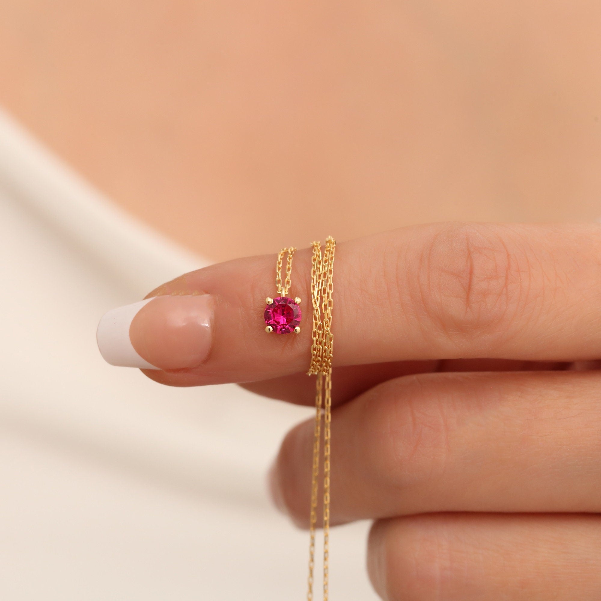 Round Ruby Necklace 14K Solid Gold, Minimalist Birthstone Stylish Design Necklace, Perfect Gift for Mother's Day - Girlfriend - Wife