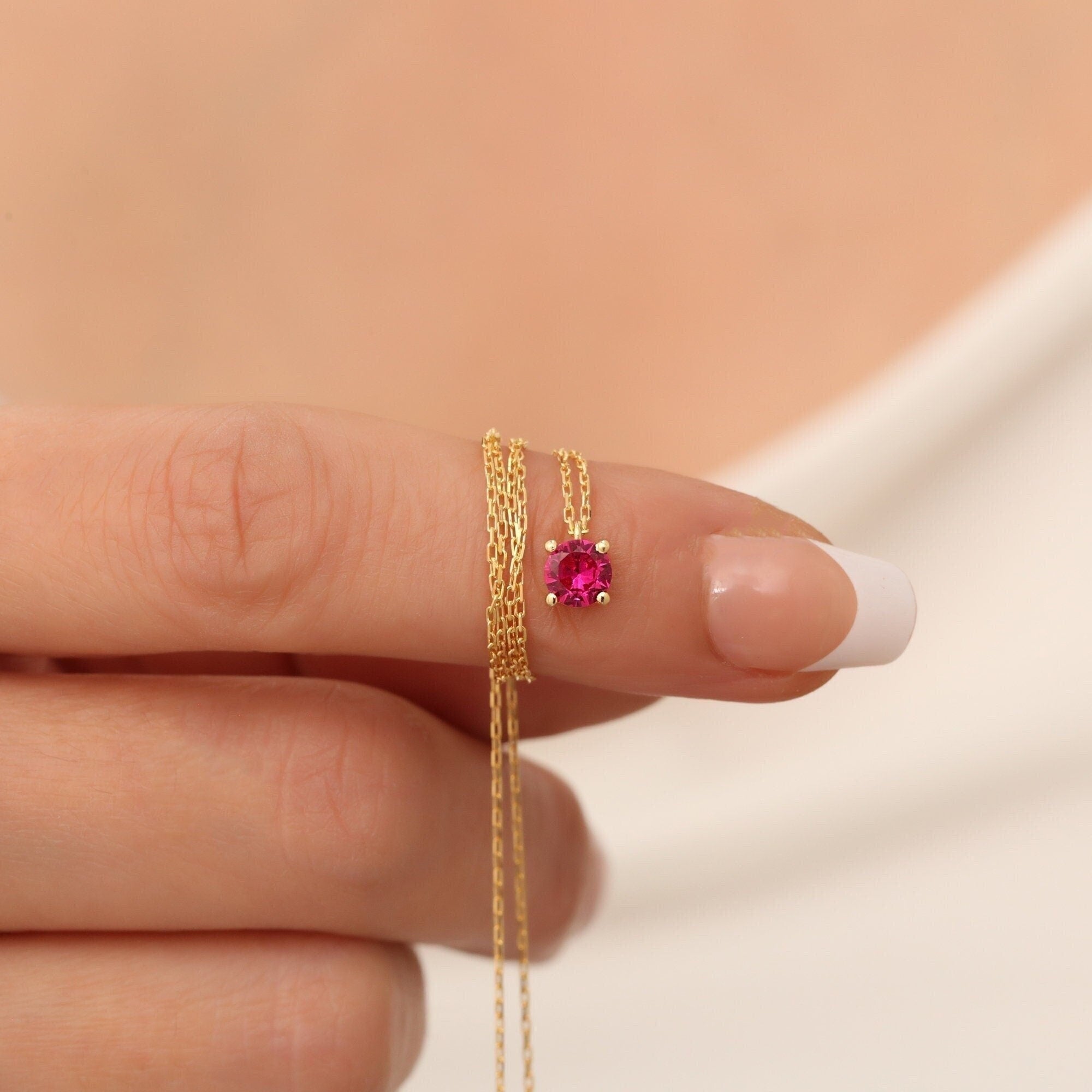 Round Ruby Necklace 14K Solid Gold, Minimalist Birthstone Stylish Design Necklace, Perfect Gift for Mother's Day - Girlfriend - Wife