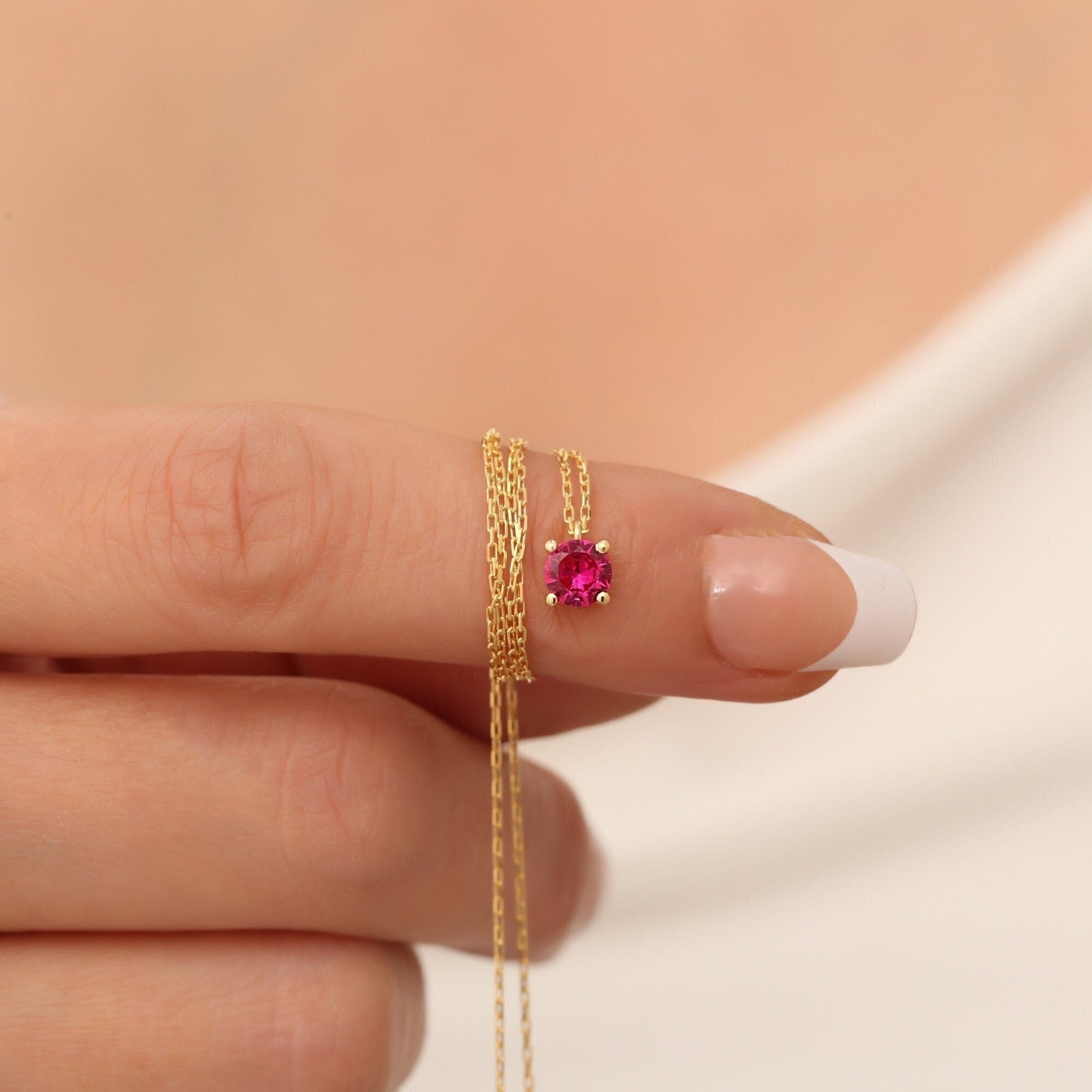 Round Ruby Necklace 14K Solid Gold, Minimalist Birthstone Stylish Design Necklace, Perfect Gift for Mother's Day - Girlfriend - Wife