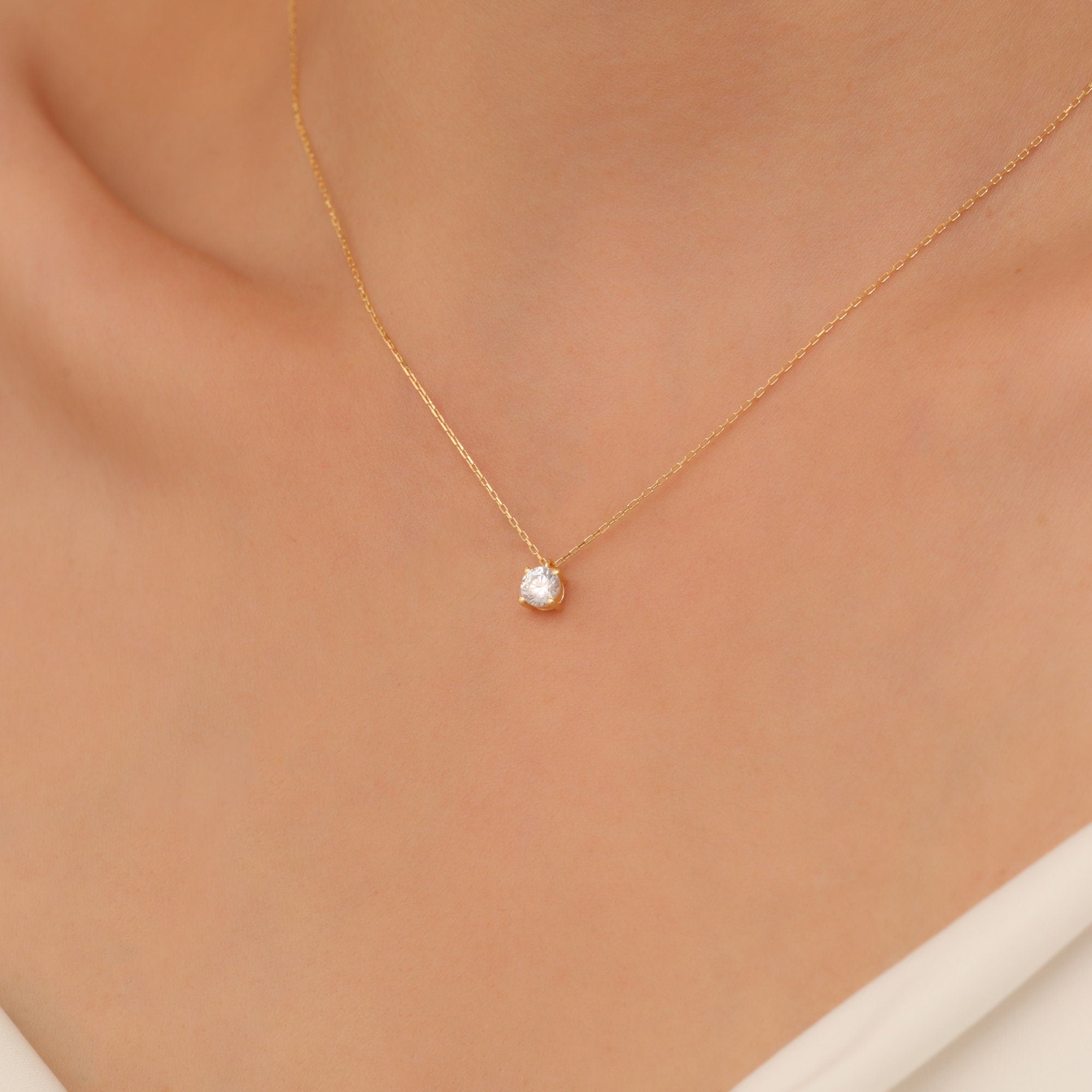 14K Solid Gold White Topaz Necklace - Minimalist Birthstone Jewelry, Stylish Design, Perfect Mother's Day Gift for Her