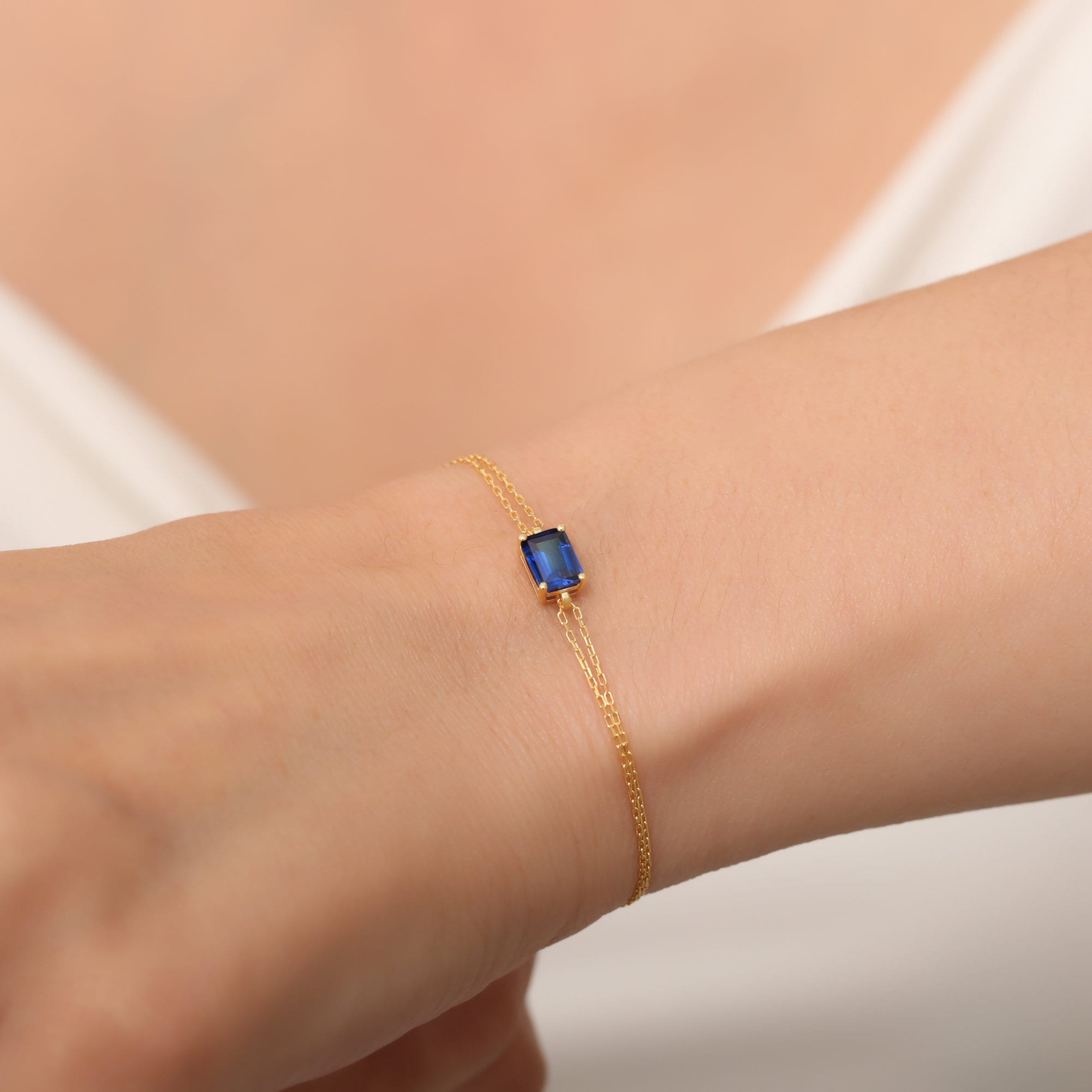 Rectangular Sapphire Bracelet 14K Solid Gold, Dainty Baguette, September Birthstone, Perfect Gift for Mother's Day - Girlfriend - Wife
