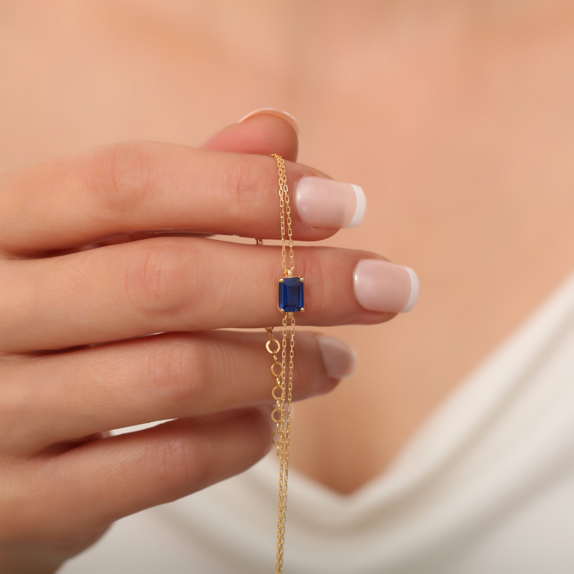 Rectangular Sapphire Bracelet 14K Solid Gold, Dainty Baguette, September Birthstone, Perfect Gift for Mother's Day - Girlfriend - Wife