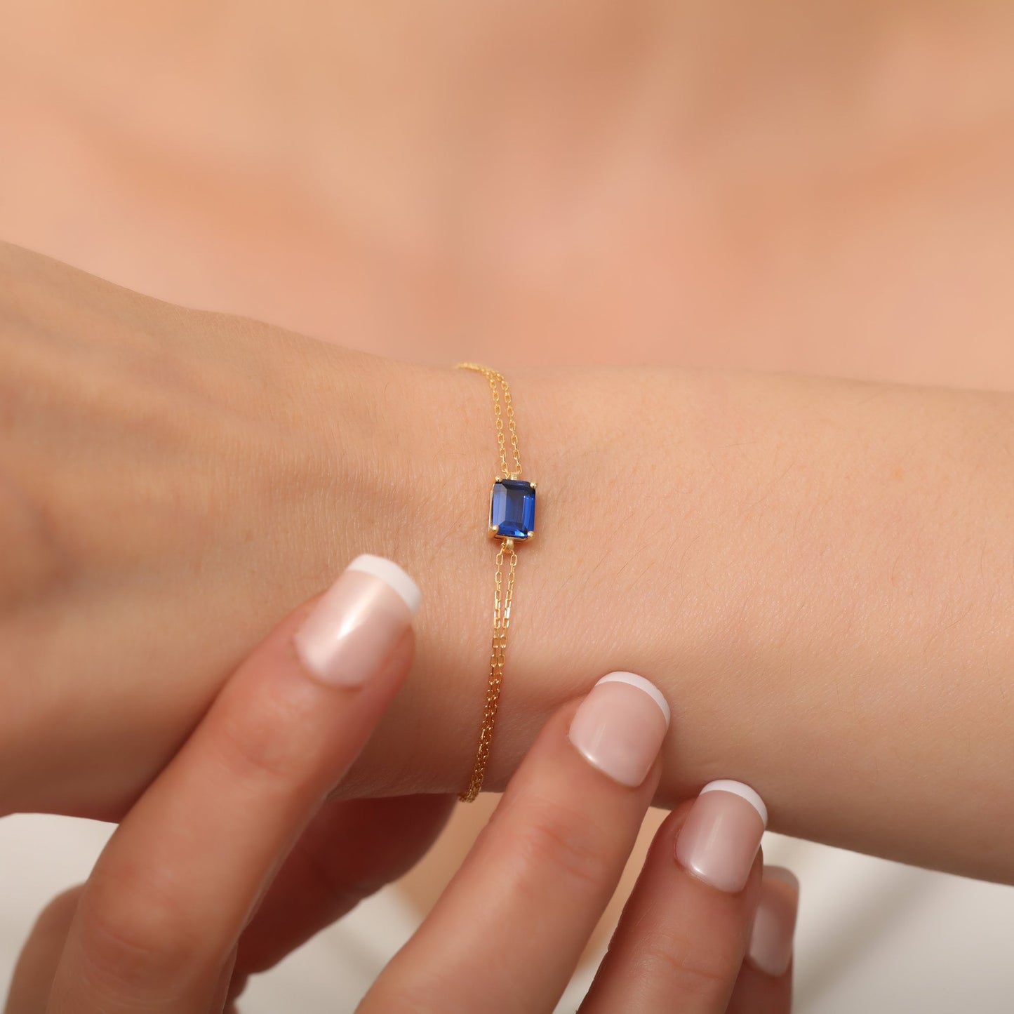 Rectangular Sapphire Bracelet 14K Solid Gold, Dainty Baguette, September Birthstone, Perfect Gift for Mother's Day - Girlfriend - Wife